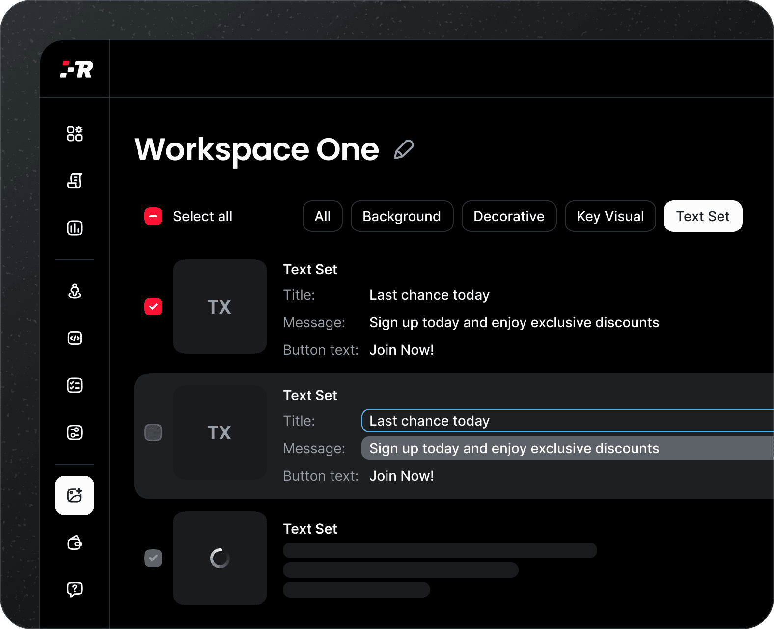 Creative Studio workspace: text sets